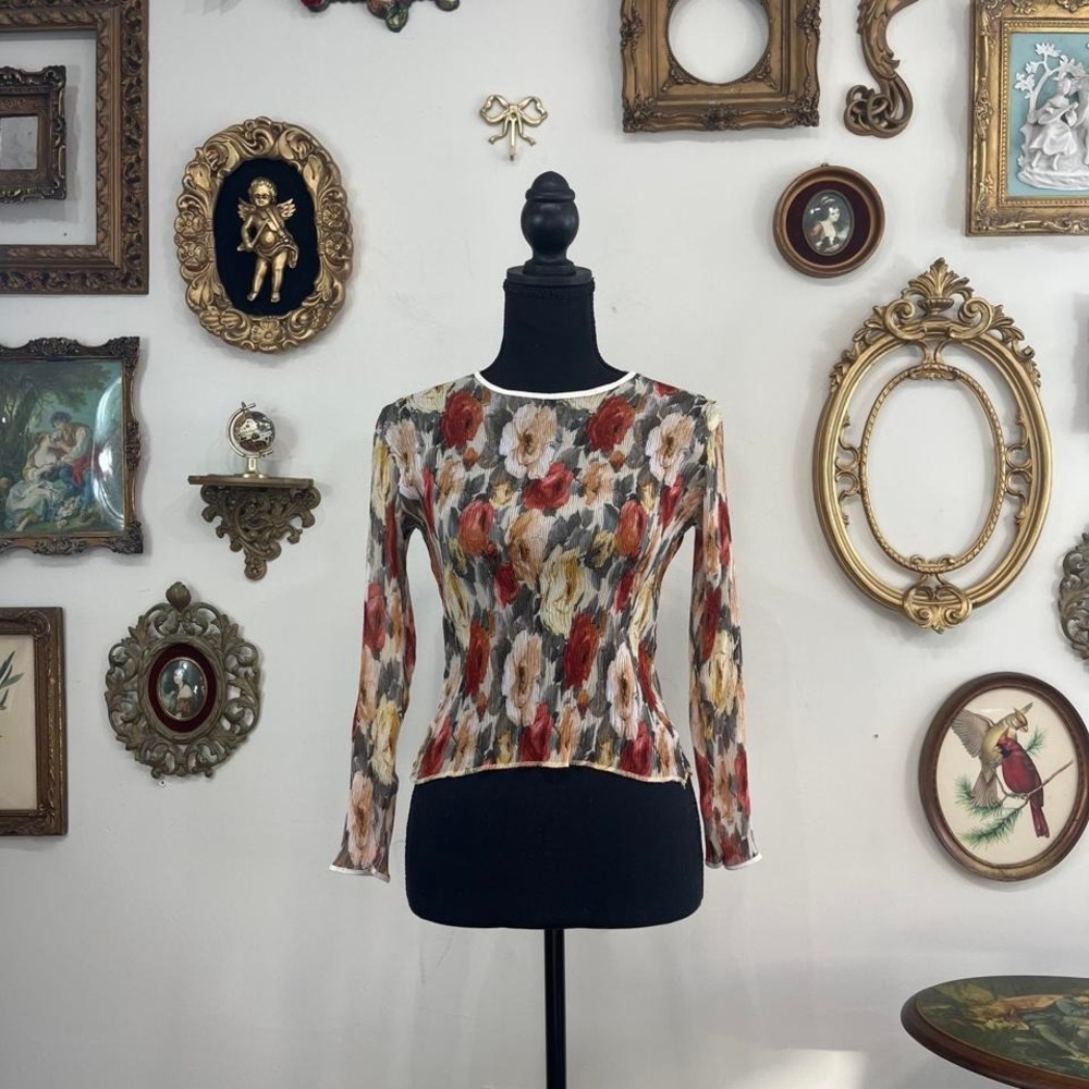 Cheryl Creations Vintage Y2K Micro Pleated Floral Long Sleeve Top Size S Multi